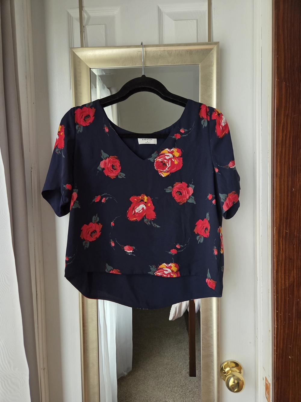 Babaton Navy Floral V-Neck Blouse with Red Roses